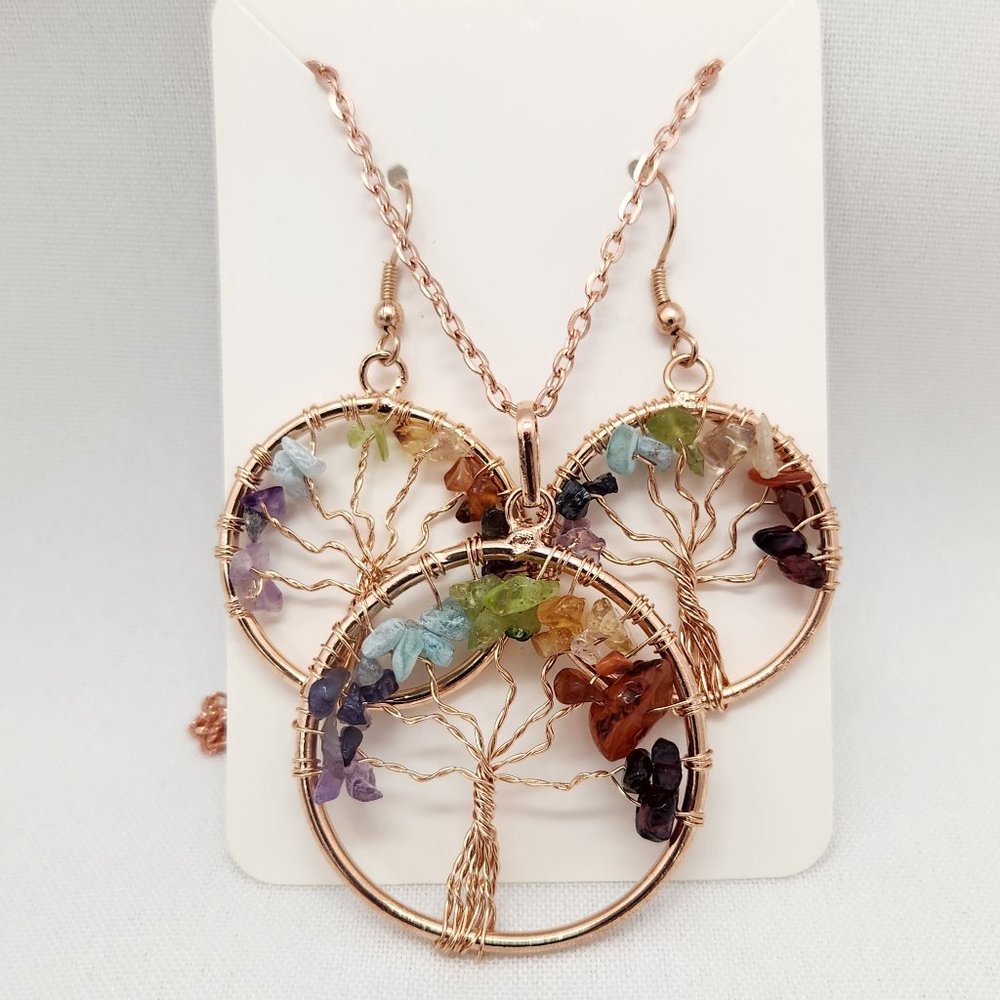 Tree Of Life Genuine Gemstones Pendant Necklace And Earrings #612 NWOT - Picture 10 of 11
